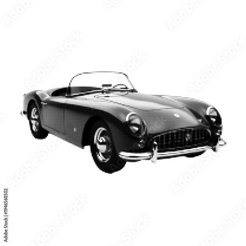 Classic vintage roadster sports car in halftone engraving style. Retro automobile illustration representing luxury transport, speed, and mid-century automotive design isolated on light background.