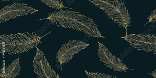 Luxury Golden Feather Pattern on Dark Background Elegant Seamless Decorative Texture for Premium Branding, Fashion Design, Wallpaper, Packaging, and Modern Backgrounds