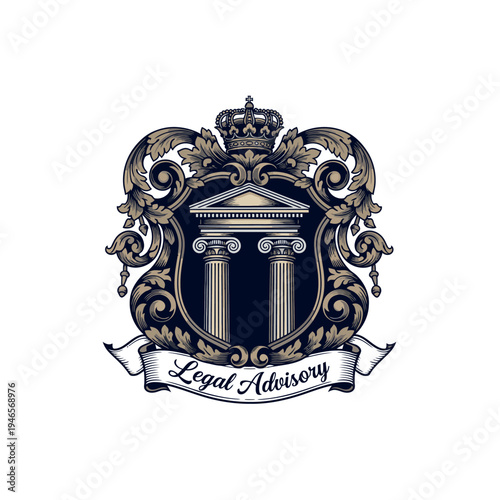 Ornate heraldic crest with a crown, classical columns, and 'Legal Advisory' banner, symbolizing justice and law.