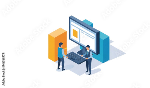 Two businessmen working together on a computer in a modern office setting