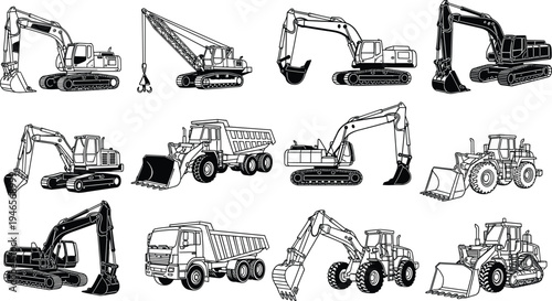 Construction machinery silhouettes, excavator bulldozer crane dump truck loader icons, heavy equipment illustration set for building industry engineering design