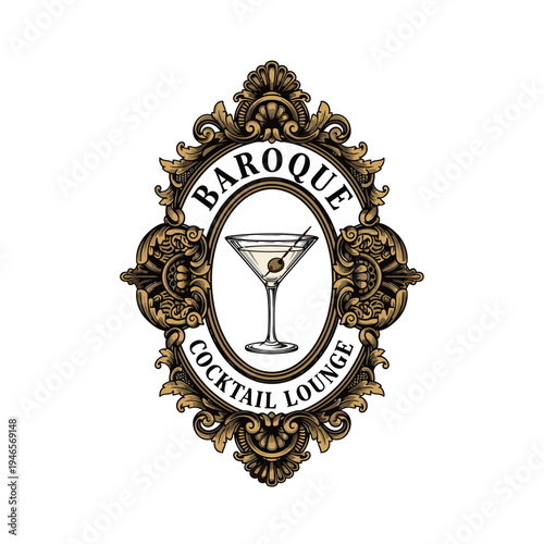Elegant logo for Baroque Cocktail Lounge featuring a martini glass within an ornate gold baroque frame, set against a white background.