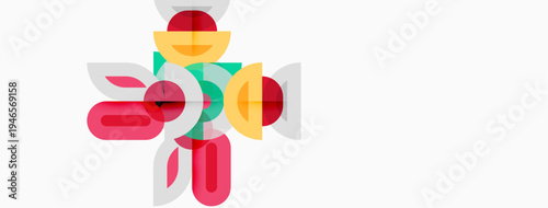 Abstract geometric shapes overlap, creating floral impression. Colors include red, yellow, gray, green. Minimalist design, clean aesthetic.