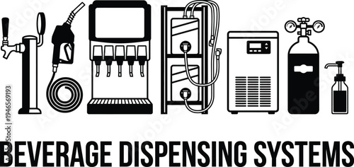 A collection of black and white vector illustrations displays essential components for modern beverage dispensing systems used in commercial settings.