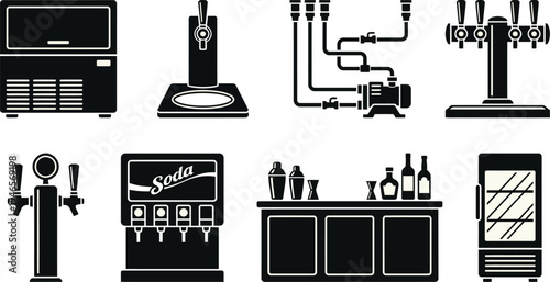 Black and white icons depict various commercial beverage dispensing equipment and bar service components for graphic design.