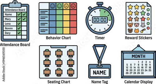 A collection of illustrated classroom management tools includes an attendance board, behavior chart, timer, and reward stickers.