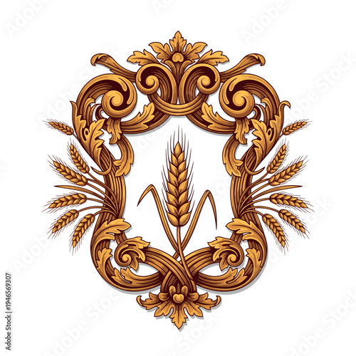 Golden ornate baroque frame with wheat stalks, symbolizing agriculture and harvest and prosperity.