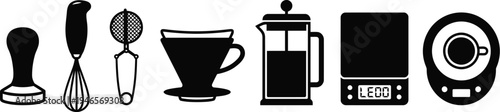 A row of solid black icons details essential apparatus required for precision manual coffee brewing, such as scales and immersion tools.
