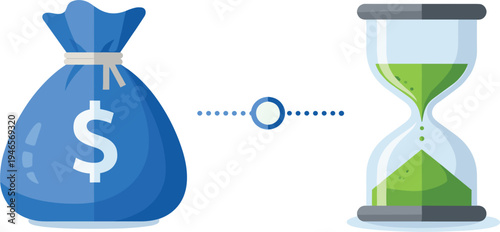 Money Bag and Hourglass Vector Illustration Representing Financial Time Management, Investment Planning, Savings Strategy and Long Term Wealth Growth Concept