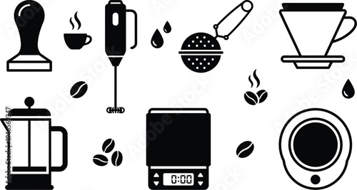 Assortment of black and white icons depicts essential specialized equipment for manual coffee preparation, including grinders and drippers.