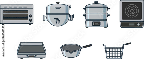 Various commercial kitchen appliances including an oven, steamer, induction cooktop, griddle, pot, and fryer basket are displayed against a white background.