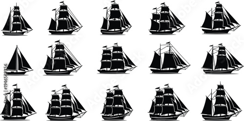 Large Collection of Nautical Sailing Ship Silhouettes Featuring Various Vintage Galleons Frigates and Schooners Isolated on White Background for Maritime Logo Design and Coastal Branding