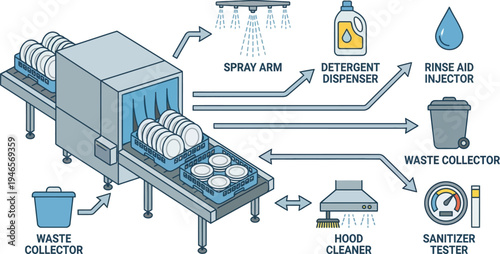 An isometric diagram illustrates the flow of water, detergent, and cleaning agents through a large commercial conveyor dishwasher system.
