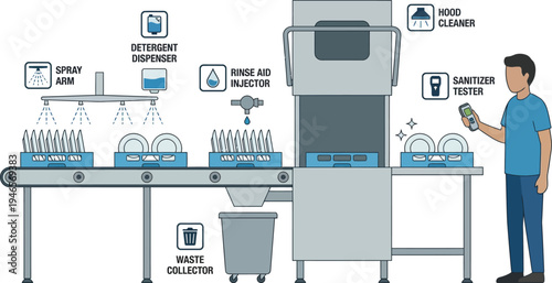 A worker monitors the automated commercial dishwashing process using a handheld device near the conveyor belt system.