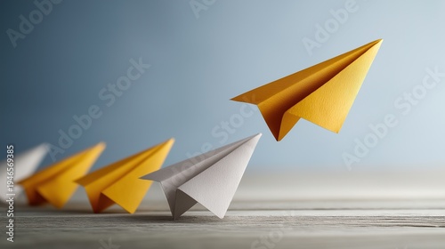 Leading yellow paper plane flying ahead of a row of white and orange planes on a wooden surface, depicting market leadership, competitive edge, and moving forward in business.