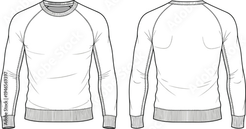 Crewneck sweatshirt technical flat, long sleeve pullover fashion sketch, raglan sleeve garment drawing, ribbed cuffs hem neckline apparel illustration