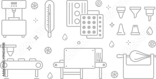 A collection of outline icons depicts various confectionery production machinery and tools used for candy making.