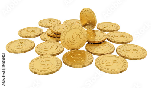 A pile of gold coins on a white background