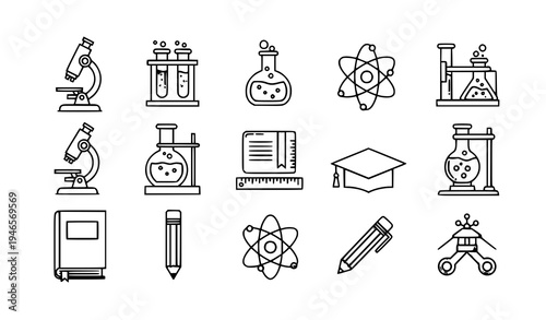 Education science equipment icon set microscope atom laboratory school vector