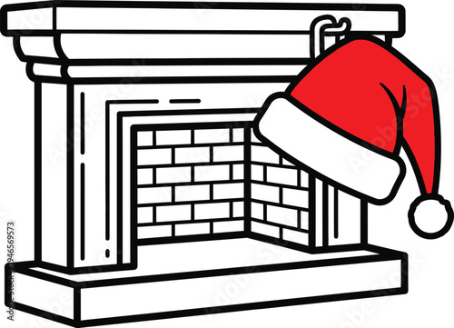 Santa Claus hat hanging on a fireplace for Christmas decoration