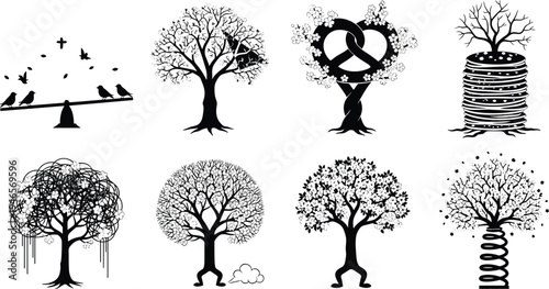 Creative tree silhouette collection, fantasy nature design, surreal botanical illustration, abstract forest art, whimsical tree icons, conceptual growth, decorative vector set