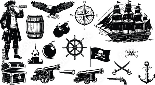 Large Set of Pirate Silhouettes Featuring Captain Sailing Ship Treasure Chest Cannons and Nautical Symbols Isolated on White Background for Maritime Adventure and Storytelling Design