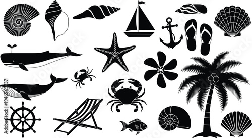 Large Set of Summer Beach and Nautical Silhouettes Featuring Sea Shells Whales Palm Tree Anchor and Coastal Icons Isolated on White Background for Tropical Vacation Design Illustration