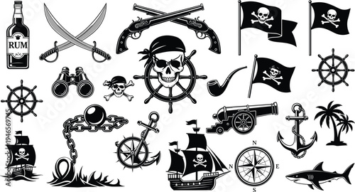 Large Set of Pirate Silhouettes Featuring Jolly Roger Flags Sailing Ships Crossed Swords Cannons and Nautical Symbols Isolated on White Background for Maritime Adventure and Storytelling Design