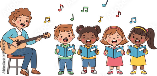 Music Teacher Playing Guitar with Children Singing from Songbooks, Kids Choir Performance and Early Music Education Cartoon Vector Illustration