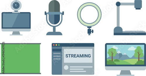 Various digital production tools including a camera, microphone, ring light, and screen are displayed together for content creation.