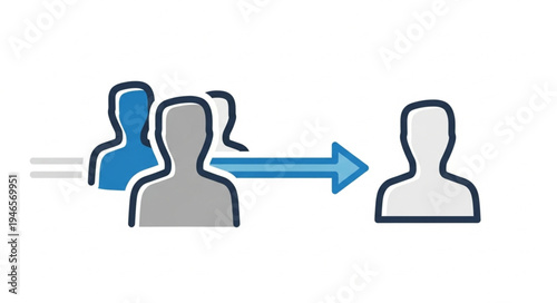 Group of people moving towards a single person with arrow indicating direction.