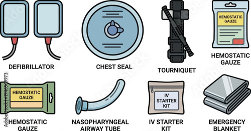 A collection of essential battlefield medical supplies, including a defibrillator, tourniquet, chest seal, and gauze, are illustrated for emergency response training.