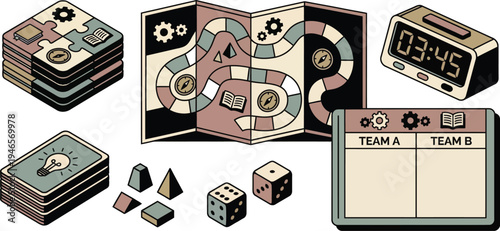 Assorted components for a tabletop strategy game, including a folded board, cards, dice, and timer, are displayed against a neutral background.