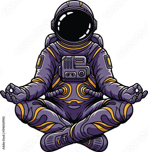 Astronaut meditating in lotus position outer space exploration concept.