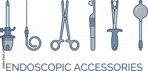 A selection of endoscopic accessories featuring graspers, scissors, and suction tools is rendered in a flat, light blue color palette.