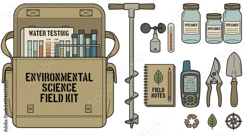 Environmental science field kit contains a soil auger, water testing strips, specimen jars, GPS device, and field notebook for outdoor study.
