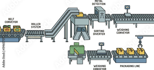 Automated industrial packaging line illustrates sequential processes including metal detection, weighing, sorting, and robotic arm handling.