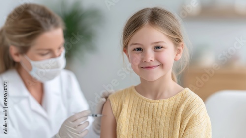 Child vaccination moment. Healthy smiling girl. Medical care concept. Young girl receiving vaccine injection from healthcare professional in clinic. Preventive medicine, immunization and pediatric