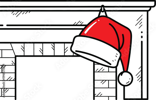Santa hat hanging on a fireplace mantel with a white background