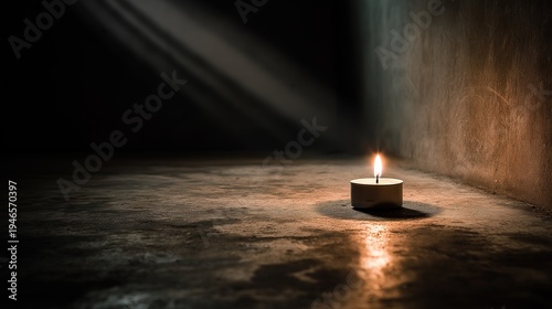 Small burning tea light candle in a dark room with a dramatic ray of light falling from above, symbolizing hope, faith, spirituality, and finding guidance in difficult times of life.