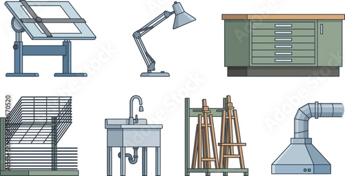 An assortment of drafting and studio equipment including a drafting table, lamp, and storage cabinet is displayed against a white background.
