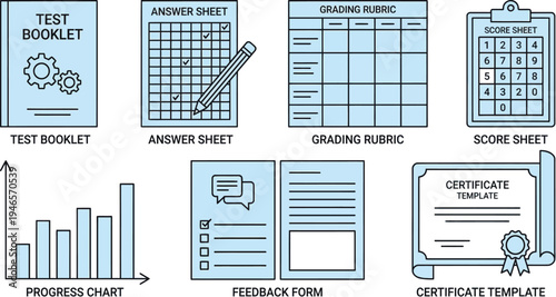 Assessment documents illustrate educational evaluation forms such as a test booklet, answer sheet, grading rubric, and progress chart.