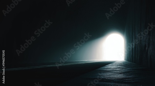 Cinematic view of a bright white light at the end of a long dark underground tunnel, symbolizing hope, clarity, spiritual transition, and the light at the end of the difficult journey.