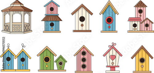 Cute colorful birdhouse collection with decorative wooden nesting houses for garden birds cartoon vector illustration set