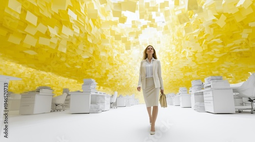 Business woman walks through surreal office filled with papers. Yellow sheets create dynamic conceptual environment. High key lighting enhances modern corporate metaphor
