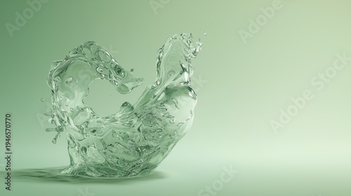 Water splash forms abstract liquid shape in motion. Transparent fluid frozen midair creates dynamic composition. Green background enhances freshness and purity concept