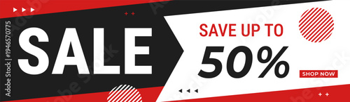 Sale header banner design with geometric background, save up to 50%, suitable for marketing ads, e-commerce, events, social media, web and more