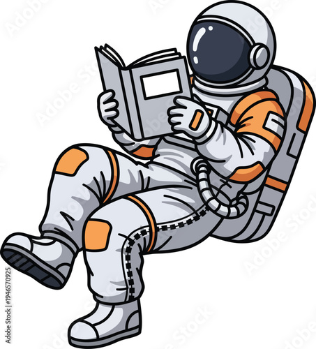 Astronaut reading a book floating in space.