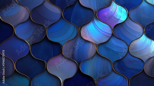 Luxury abstract background with organic shapes and gold lines forming premium decorative surface. Iridescent gradients and deep blue tones create modern artistic texture for branding and design