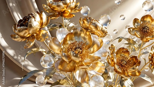 Golden Peonies with Water Droplets and Fabric Drapery Close-up Detail Luxury
